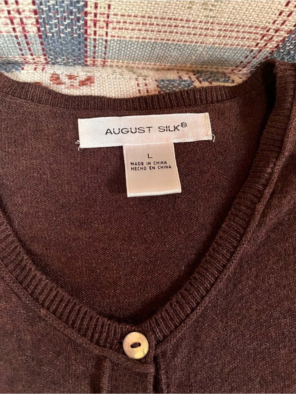 Women's August Silk chocolate brown button up sweater cardigan, Size L - Picture 3 of 4